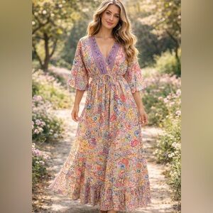 Elegant Floral Maxi Dress with V-Neck